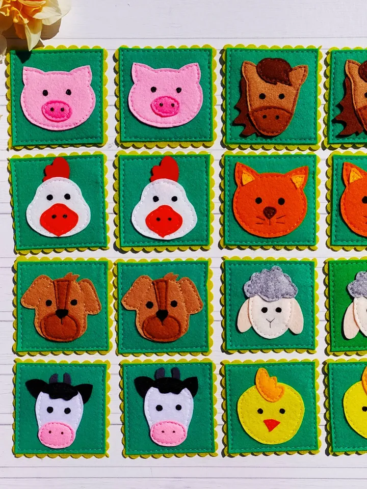 Felt memory game PDF Pattern, Farm animals Matching Cards, Educational toys for kids, Felt toy pattern, Travel Toys for toddlers