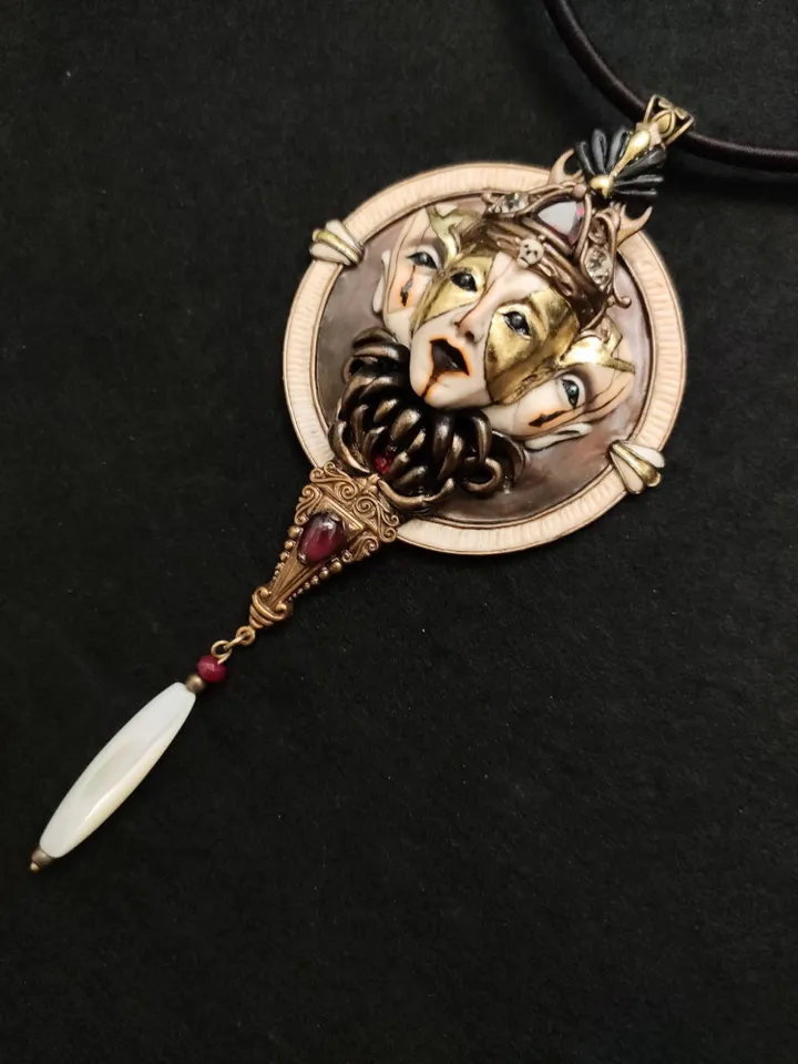 Venetian Mask Jewelry, Antique bronze necklace, Trinity Necklace
