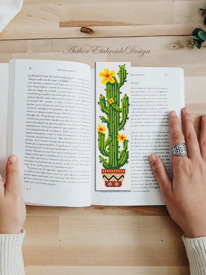 Cactus bookmark cross stitch pattern PDF download Blooming cactus cross stitch chart, Floral bookmark pattern digital, Saguaro cactus #B333