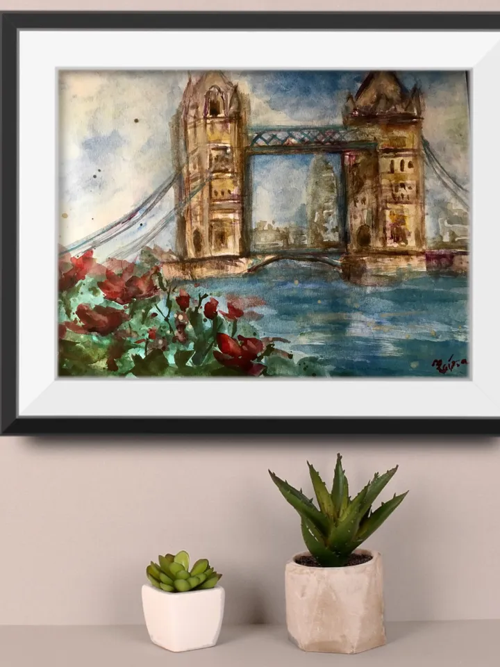 London tower bridge,original watercolour painting,London cityscape,England painting,world capitals wall art,London in flowers,home decor