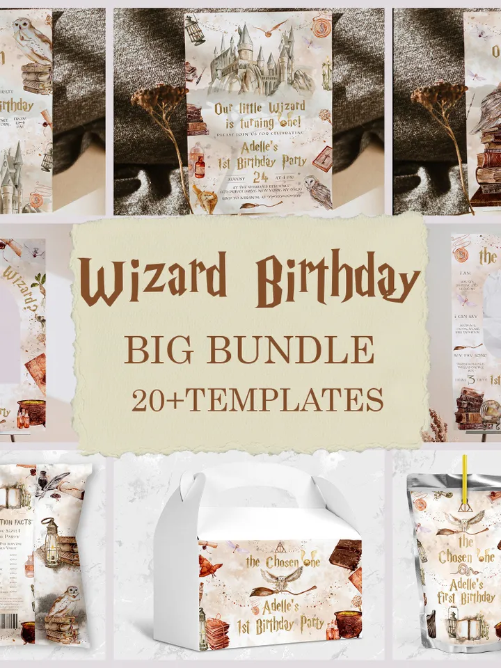 The Chosen One Big Bundle; Wizard Birthday Party Bundle Templates; Magic School Birthday Party Template; Editable Wizard Party Template; W7