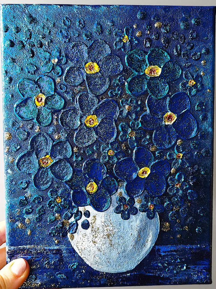 Flower Bouquet Blue Textured Painting Wall Decor