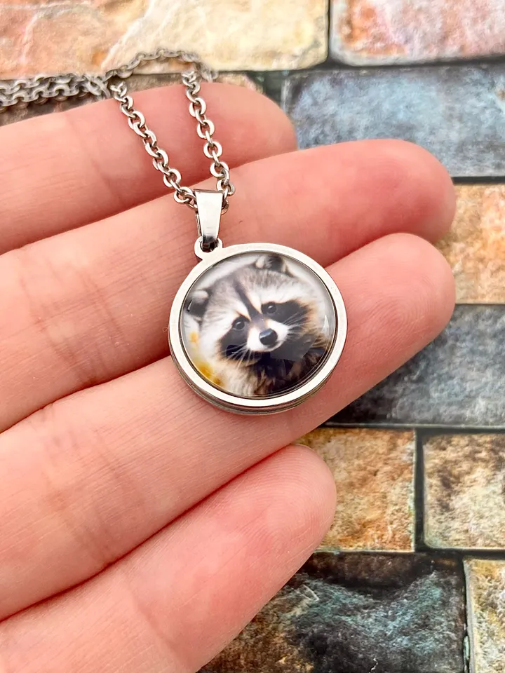 Racoon necklace, steel pendant with glass, racoon lover gift