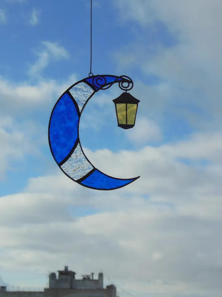 Moon with Street Light . Stained glass window hanging Suncatcher , idea for anniversary , birthday and Christmas gift