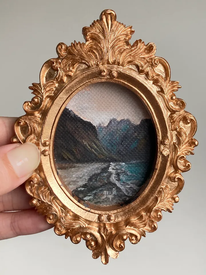 Coastal Landscape Oil Painting Original In Vintage Style Frame Small Framed Oval Painting Art