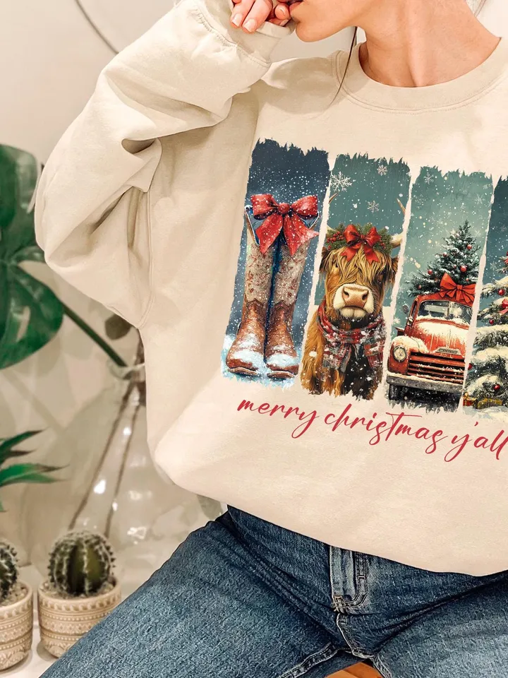 Merry Christmas Yall Vintage small town christmas PNG, Cowgirl Png, Small town girl PNG, highland cow Christmas png, Christmas western