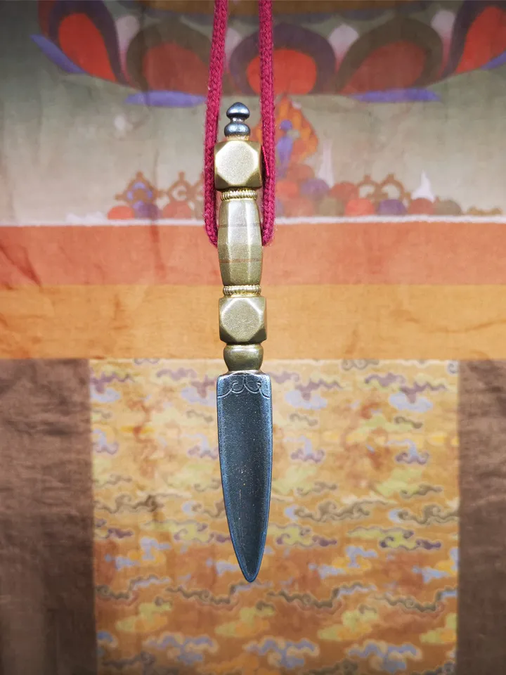 Gandhanra Handmade Tibetan Buddhist Ritual Implement - Kila -Dorje Phurba,Made of Cold Iron inlaid with Brass,5.1"
