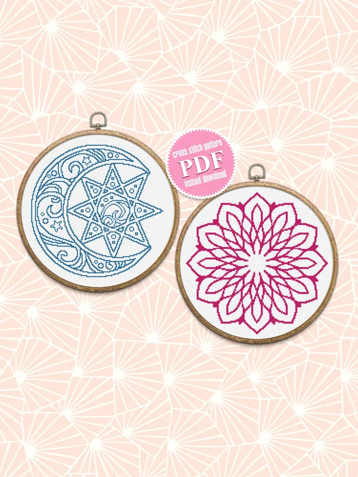 Mandala set cross stitch pattern download PDF, Christmas moon cross stitch chart, Mandala digital PDF, Monochrome mandala embroidery #S18