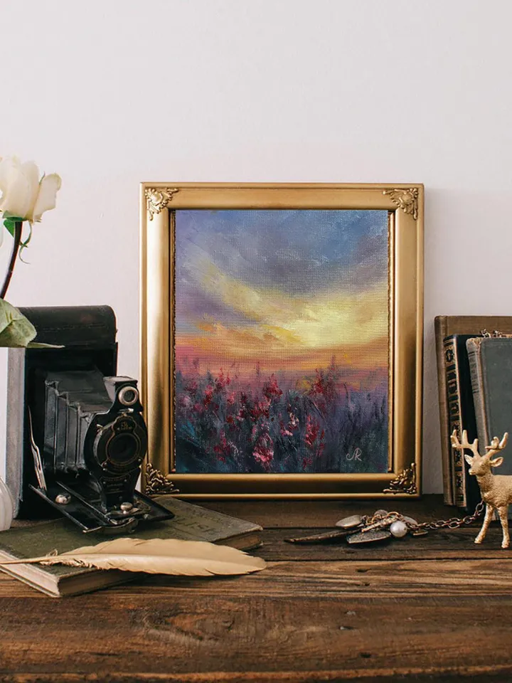 Sunset Oil Painting Rustic Wall Art Field Original Painting