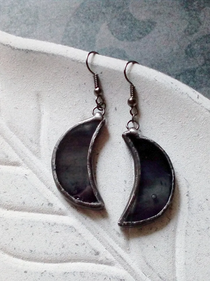 Glass crescent earrings, Black crecsent, Witchy goth aesthetic, Witch earrings, Tin soldered moon earrings