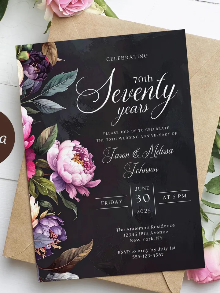 70th Anniversary Party Invitation, 60th, 50th, 40th, 30th, Moody Burgundy & Blush Peony Floral Canva Template 5x7 birthday evite