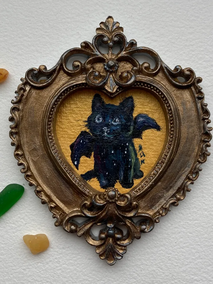 Bat Cat Painting Small Original Framed Art Goth Bat Gifts, Mini Gold Framed Decor, Cat Bat, Black Cat Art, Tiny Art Whimsigoth Decor