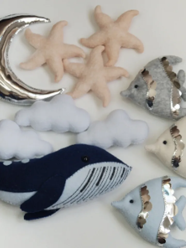 Whale mobile for ocean nursery, Blue whale with fish and Crescent moon, Ocean decor made of handmade felt
