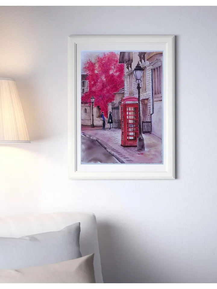 London Street Painting Urban Landscape Artwork Original Watercolor Painting Red Phone Booth Art 11.81x15.75 in by SoftWaves
