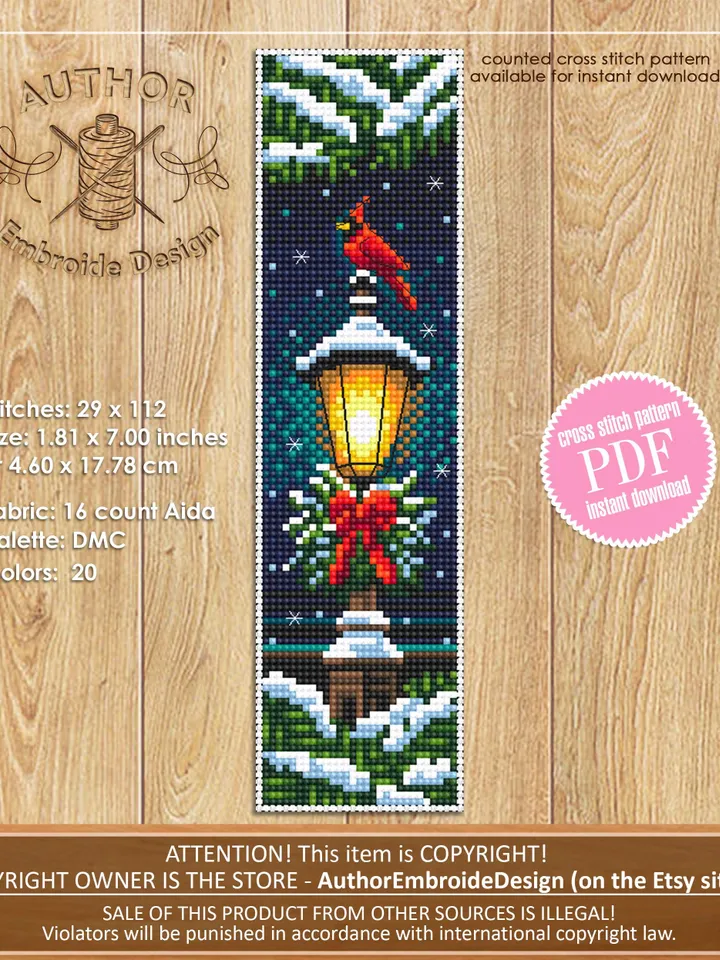 Christmas bookmark cross stitch pattern PDF download Christmas lamp post cross stitch chart, Winter bookmark pattern digital, Cardinal #N384