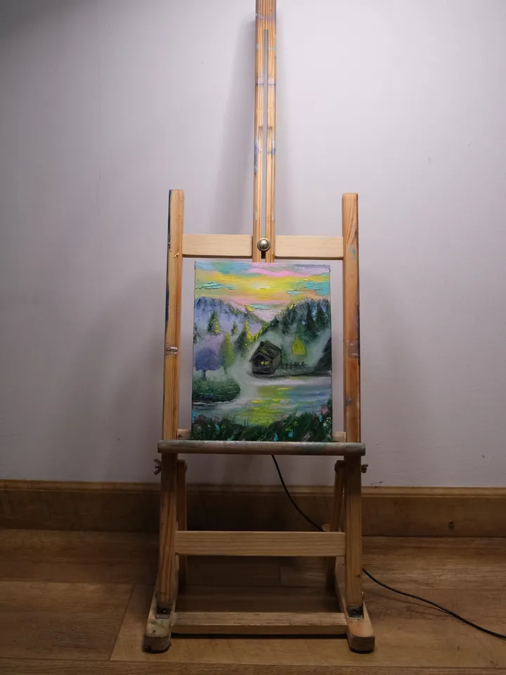 Oil Painting House in the Mountains Misty Dawn Mountains Mountain Landscape Mountain River Recreation Tourism Travel Canvas on Cardboard Miniature 9x7 inches 24x18 cm Wall Decor Gift for the occasion