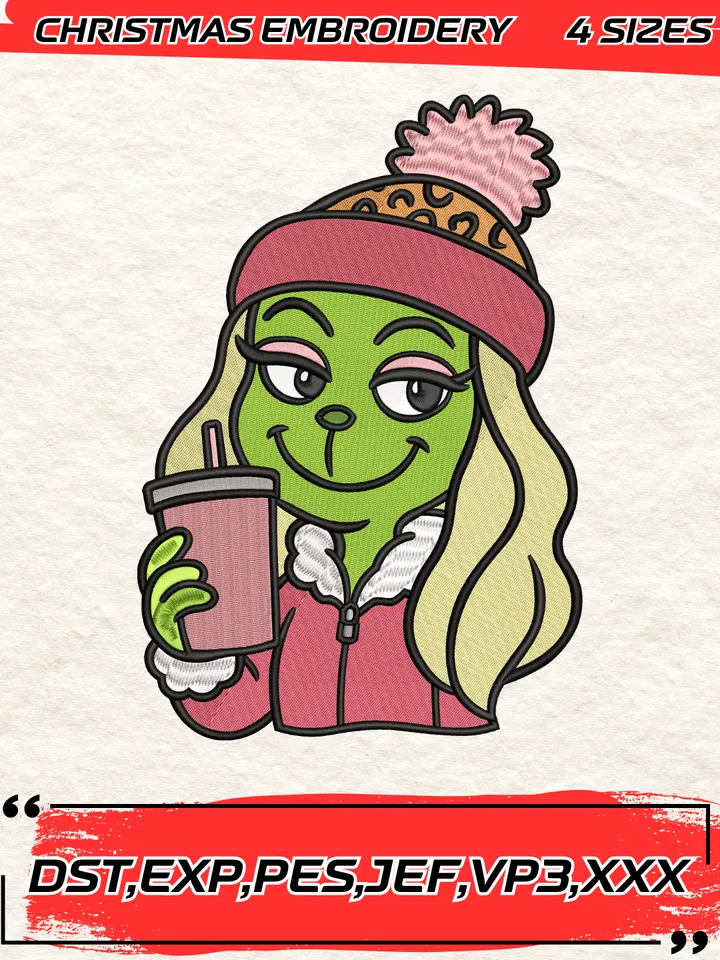 Grinchy And Bougie Coffee Christmas Embroidery Design,Christmas Embroidery Design,4 Sizes,Digital Download