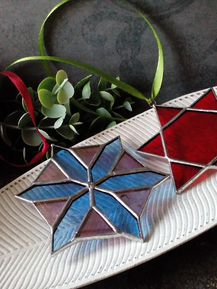 Set of 2 snowflake suncatchers, christmas ornaments, simple stained glass, Christmas decorations, Xmas tree star