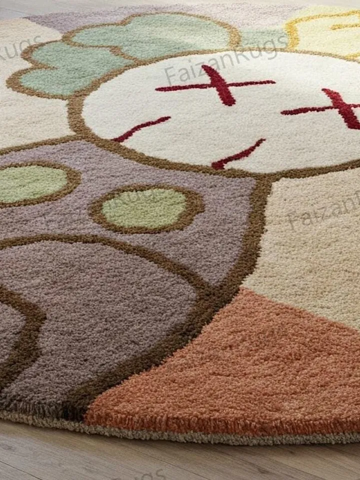 Kaws rug, Multi Color Round Hand Woven 100% Wool Rugs for kids room l Living room l kaws rug, Various size 4x4,5x5,6x6,8x8,7x7, kaws theme