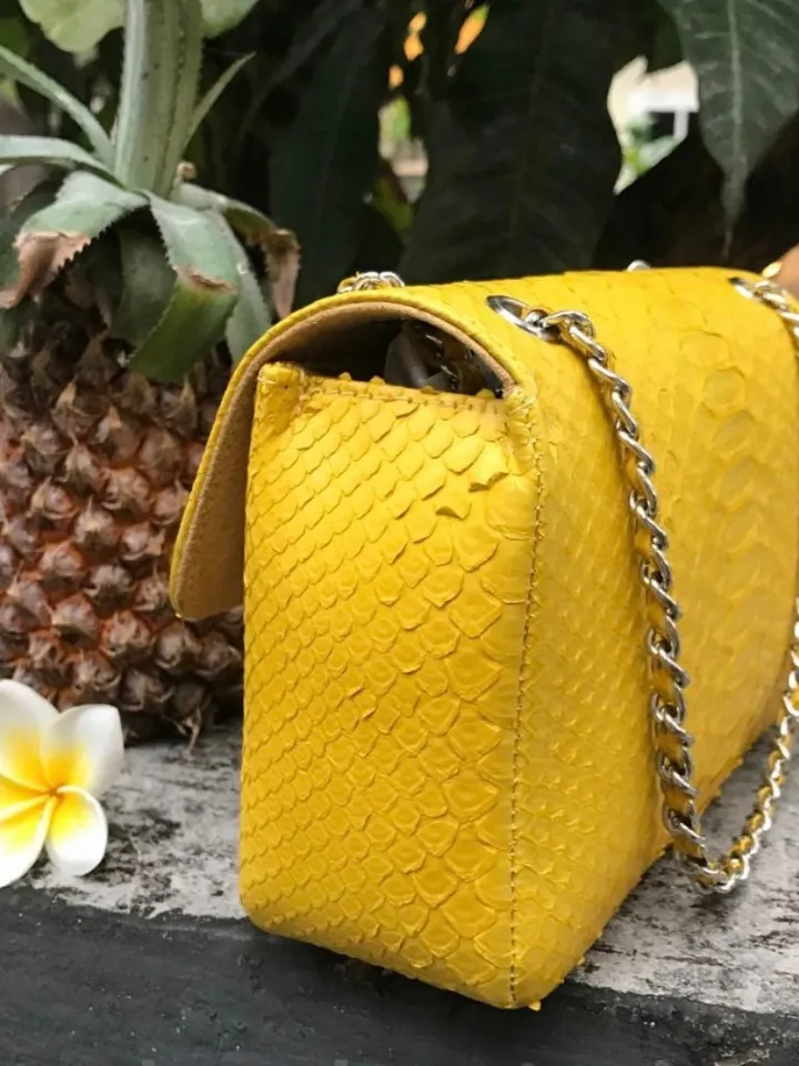 Yellow Genuine Python Skin Crossbody Chain Bag | Bright Summer Bag | Elegant Women Bag | Chain Strap Crossbody Deep classy Purse | gift idea