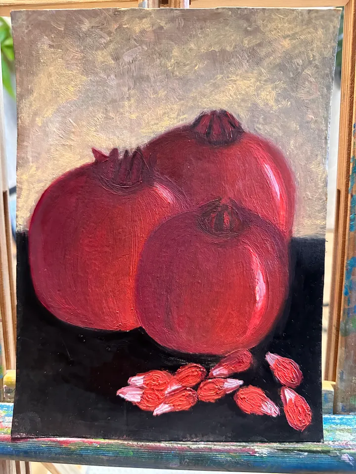 Oil Painting Pomegranates Still Life Fruit Food Cardboard 24cm x 18cm 9 inches x 7 inches Modern Art Wall Decor
