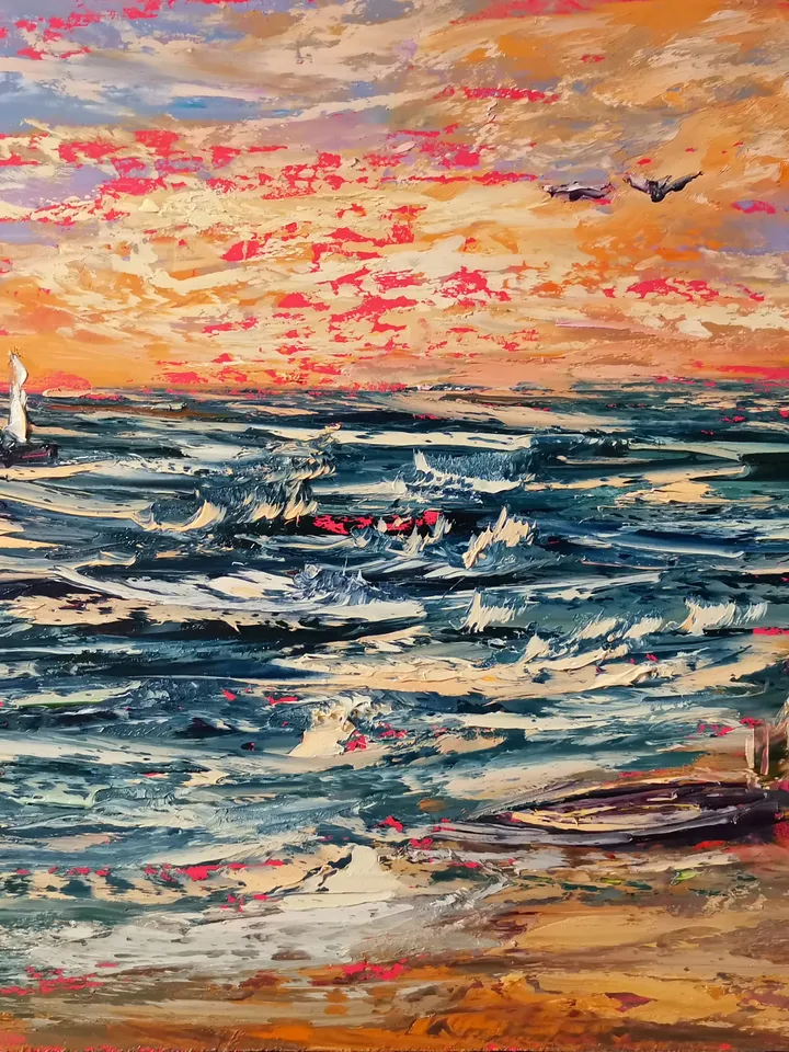 Sailboat Surfing Sea Sunset Seagulls Original Art Oil Painting Artist Svinar Oksana