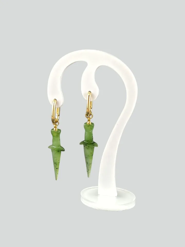 Dangle elven sword earrings from green jade, earrings transformers.