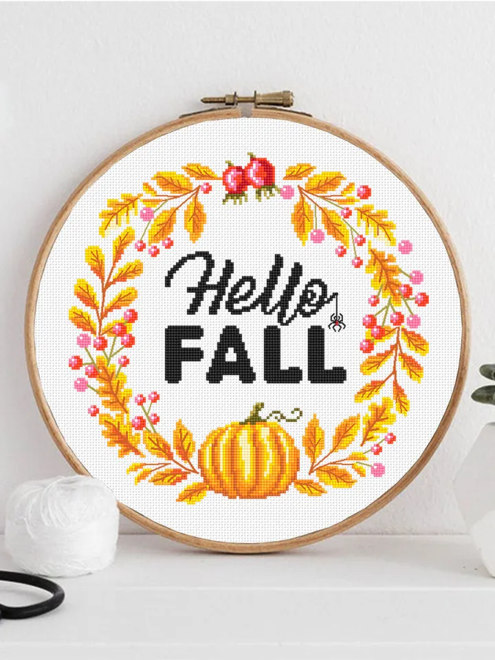 Fall wreath cross stitch pattern PDF instant download Halloween pumpkin cross stitch chart, Autumn wreath pattern, Thanksgiving wreath #Q57