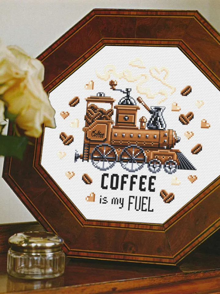 Funny Coffee quote cross stitch pattern PDF download Coffee is my fuel, Coffee Train cross stitch chart, Kitchen pattern digital PDF #Q58