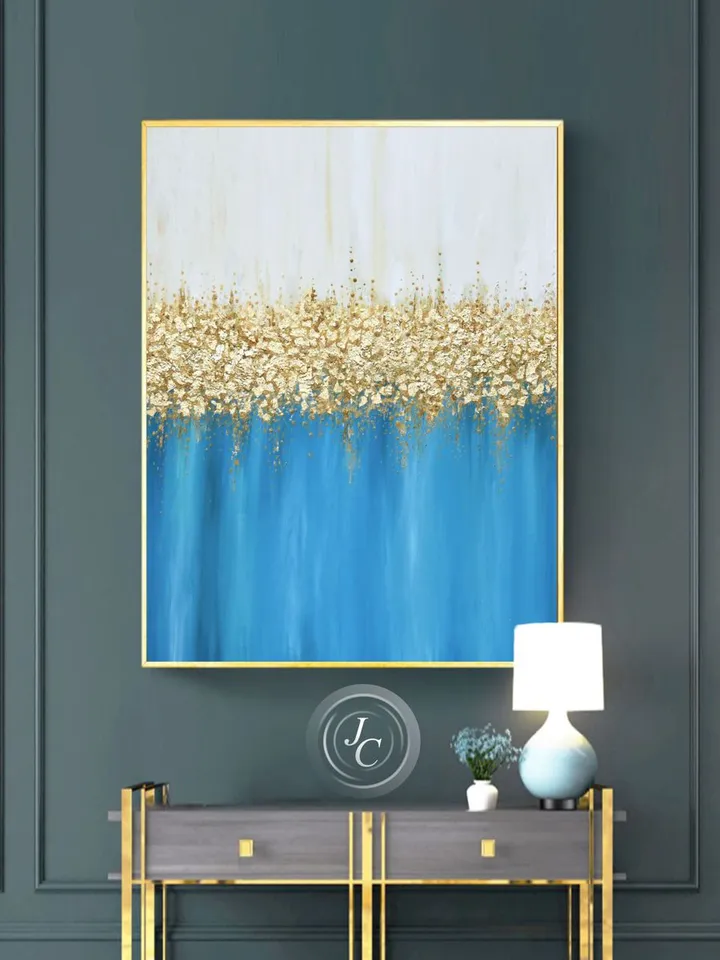 Turquoise Abstract Wall Art Gold leaf Painting on Canvas | Gold and Blue Abstract oil painting Modern wall decor