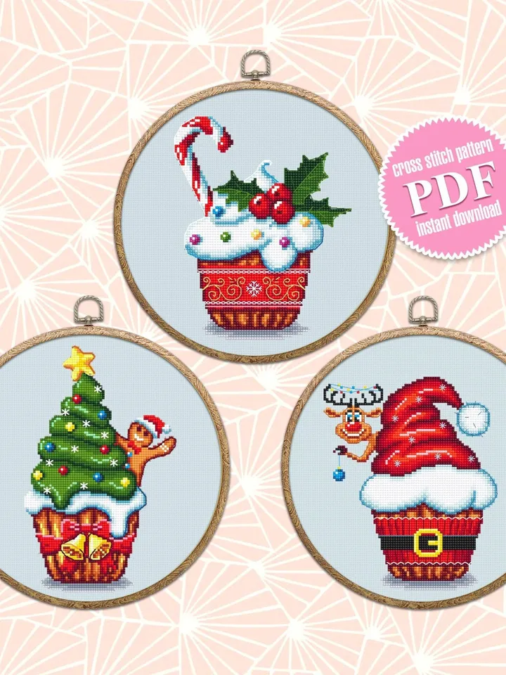 Christmas cupcake cross stitch pattern download PDF Kitchen cross stitch set, Winter holiday embroidery PDF, DIY Christmas decor #S59