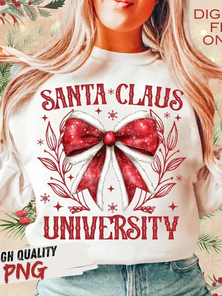 Santa Universty PNG, Retro Christmas png, Vintage Santa png, Coquette Bow Santa Claus, Merry Christmas png, Santa png, Glitter Sublimation