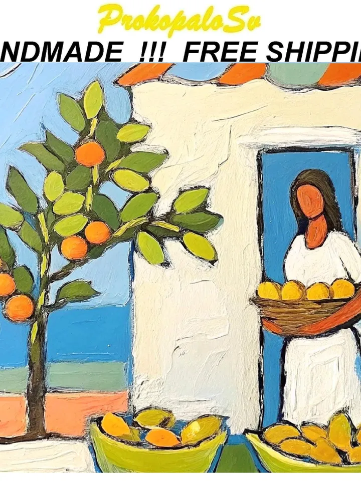 Woman Painting Yellow Lemon Tree Artwork Woman with Basket of Lemons Oil Painting Summer Kitchen Decor Gifts for Her by ArtProkopaloSv