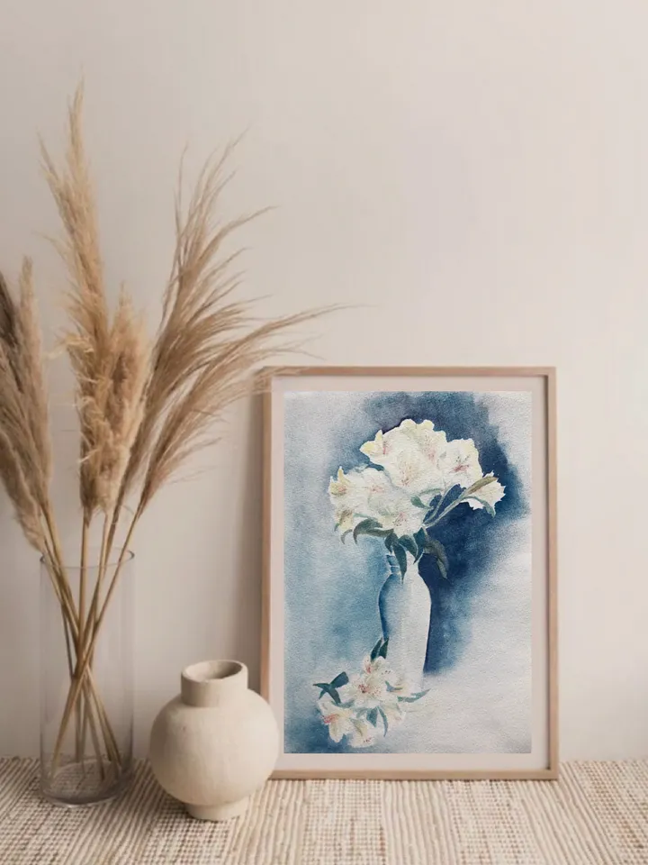Freesia flowers in vase wall art hand painted modern watercolour painting