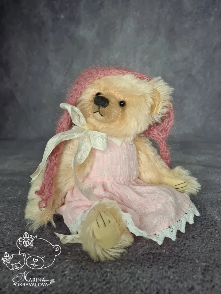 Mohair teddy bear in dress. Jointed bear toy. Handmade teddy bear. Artist bear.
