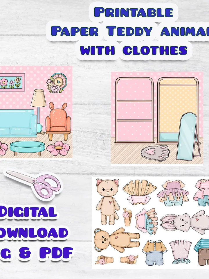 Printable Paper Teddy doll house, printable Teddy clothes set, Printable Paper dollhouse, Holiday Blythe paper doll Busy book printable kids