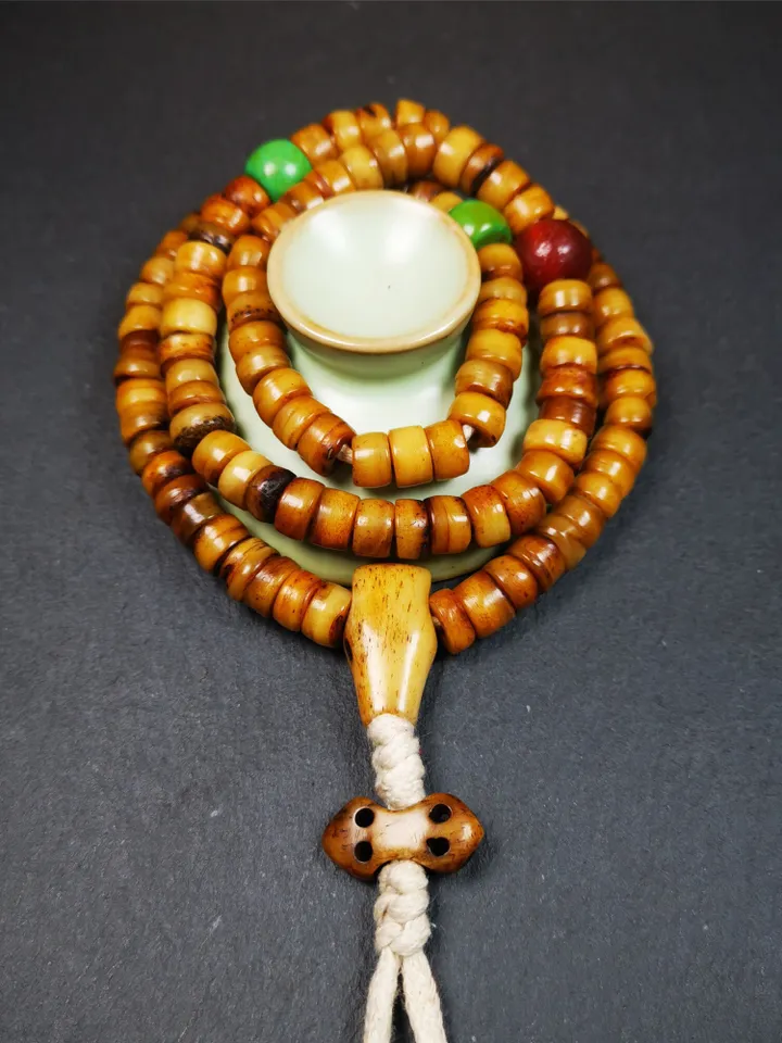 Gandhanra Old Tibetan 108 Yak Bone Mala,Prayer Beads Necklace,Rosary Beads for Meditation,Diameter 0.35", Circumference 22"