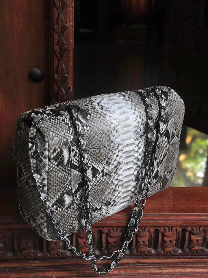 Genuine python skin classy stitched big gray crossbody | designer women leather handbag | snakeprint bag | crossbody purse | gift for her