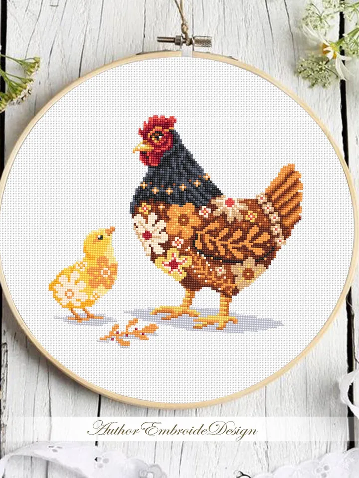 Floral chicken cross stitch pattern PDF download Chicken mom cross stitch chart, Flower pattern digital PDF, Farmhouse bird, Mother Hen #K64