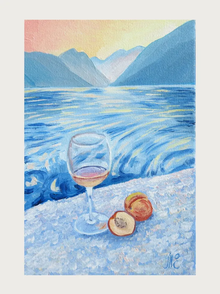Original Mini Oil Painting Wine Glass at Sunset by the Lake Artwork Peaceful Lake Sunset with Hand-Painted Mini Oil Art