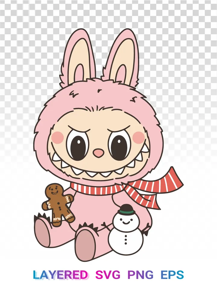 Winter Labubu SVG PNG, Pink Bunny Labubu Christmas Clipart