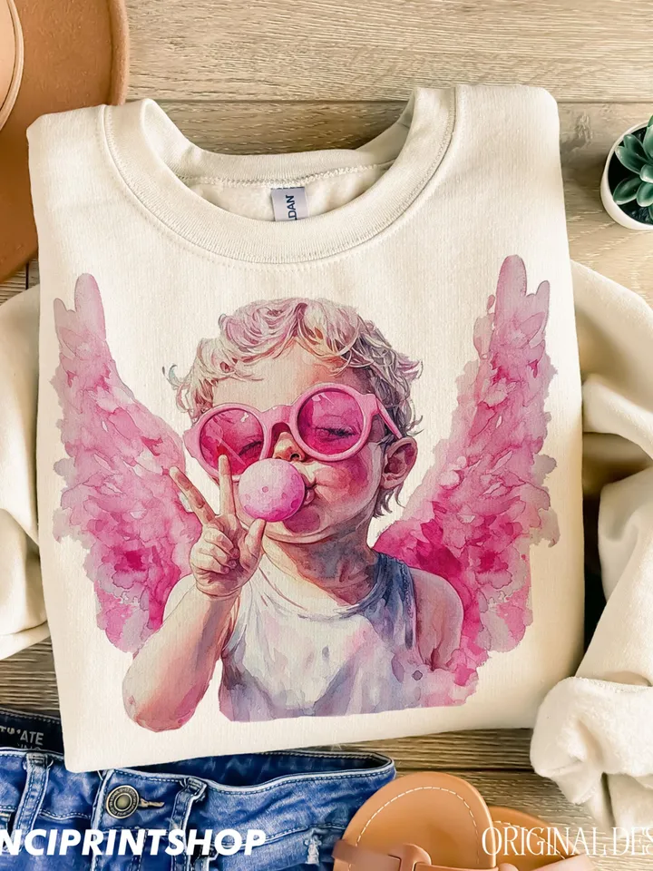 Retro Cupid Valentines Day Blowing Bubble PNG, Vintage Valentines Day png, Funny Cupid With Sunglasses png, Valentines Day png, Cupid png