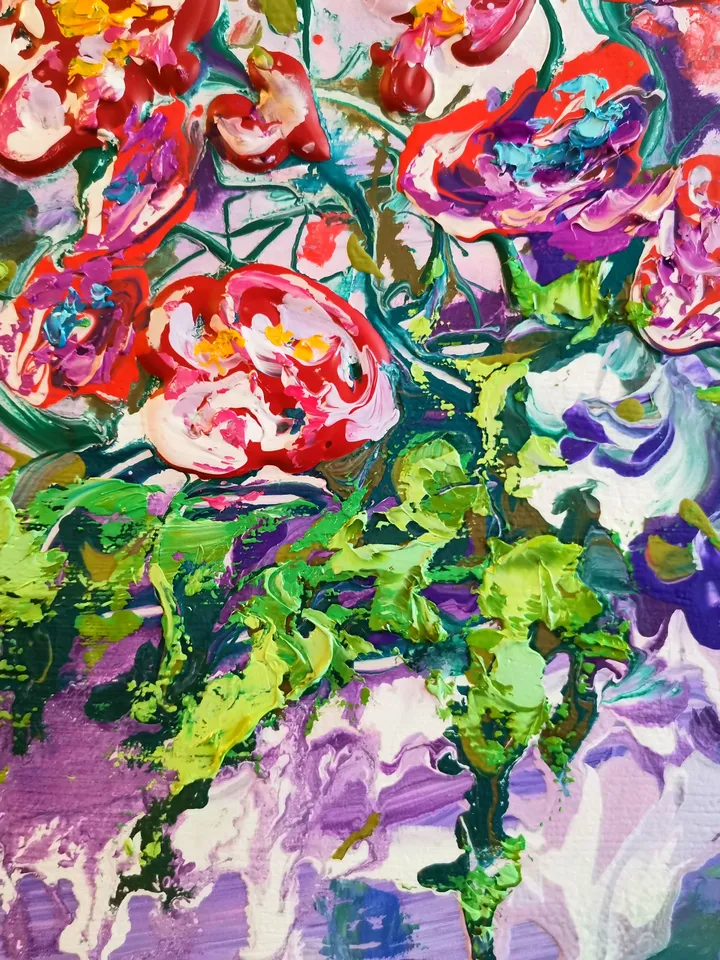 Bouquet Red Flower Abstract Roses Impasto Painting Original Art Artist Svinar Oksana