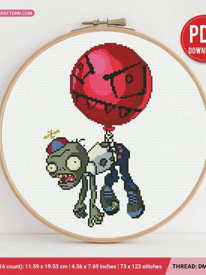 Balloon Zombie Cross stitch patterns, pattern Plants vs Zombies, Abstract, beginner counted, modern chart, gift DIY, embroidery, instant PDF