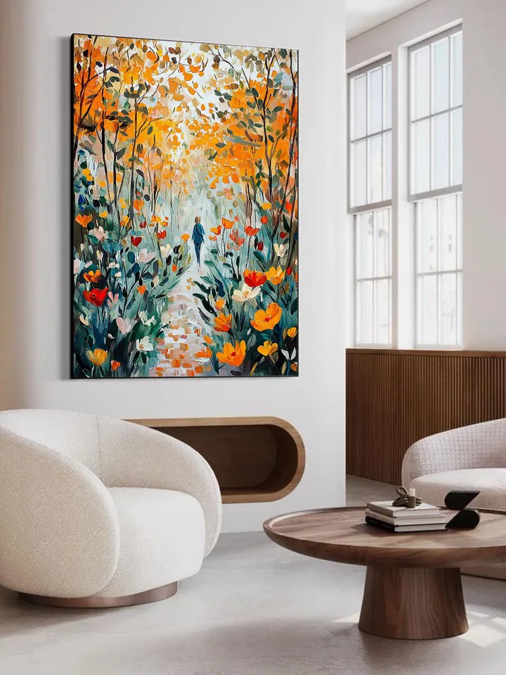 Impasto Autumn Forest Path Oil Painting on Canvas, Woman Walking in Woods, Textured 3D Landscape Art, Nature Wall Art Decor,Fall Foliage Art