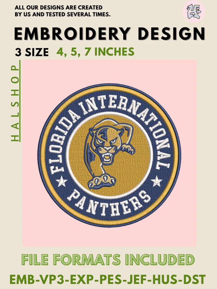 Florida International Panthers NCAA Mascot Logo Embroidery Design – College Team Pattern, Machine Embroidery Files, 3 Sizes Digital Instant Download