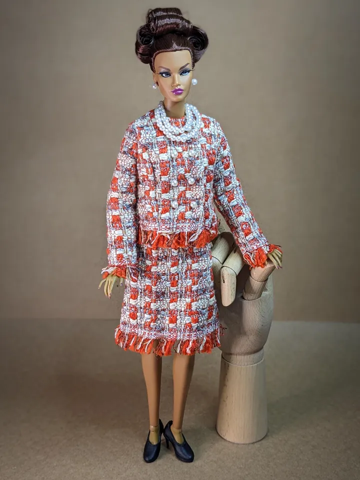 Handmade red & white bouclé suit with pearl clasps for 16-inch Fashion Royalty dolls (FR16)