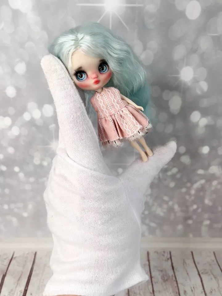 Adorable little doll in a hat. Petite Blythe with blue hair.