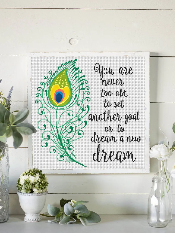 Motivational quote cross stitch pattern PDF download Peacock feather cross stitch chart, Inspirational quote pattern digital PDF #Q8