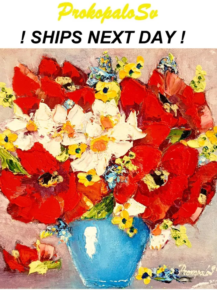Daisy Painting Poppy Original Art Impasto Oil Painting Chamomile Flowers Painting Original Art Floral Wall Art Small Painting Gift 10x10